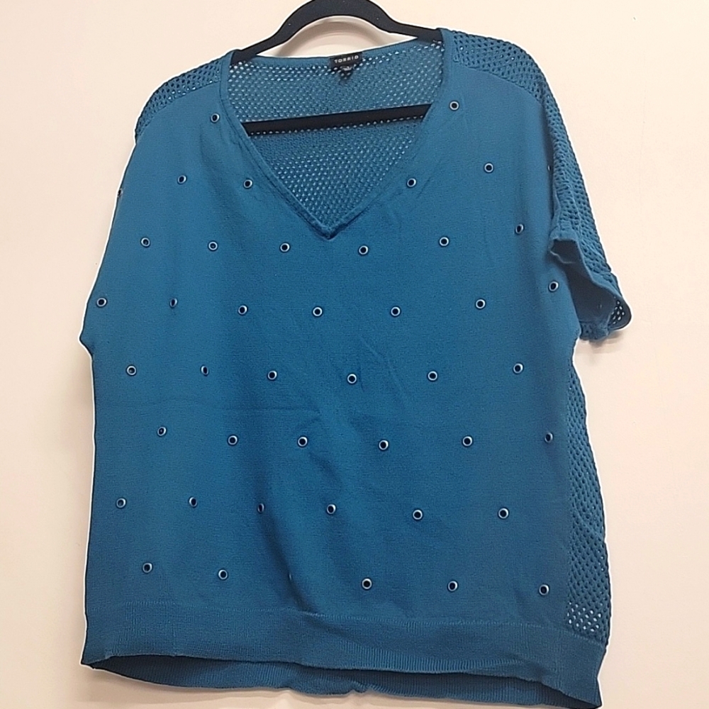 Teal Cotton Dolman Sweater Grommet Front Mesh Back 1X
